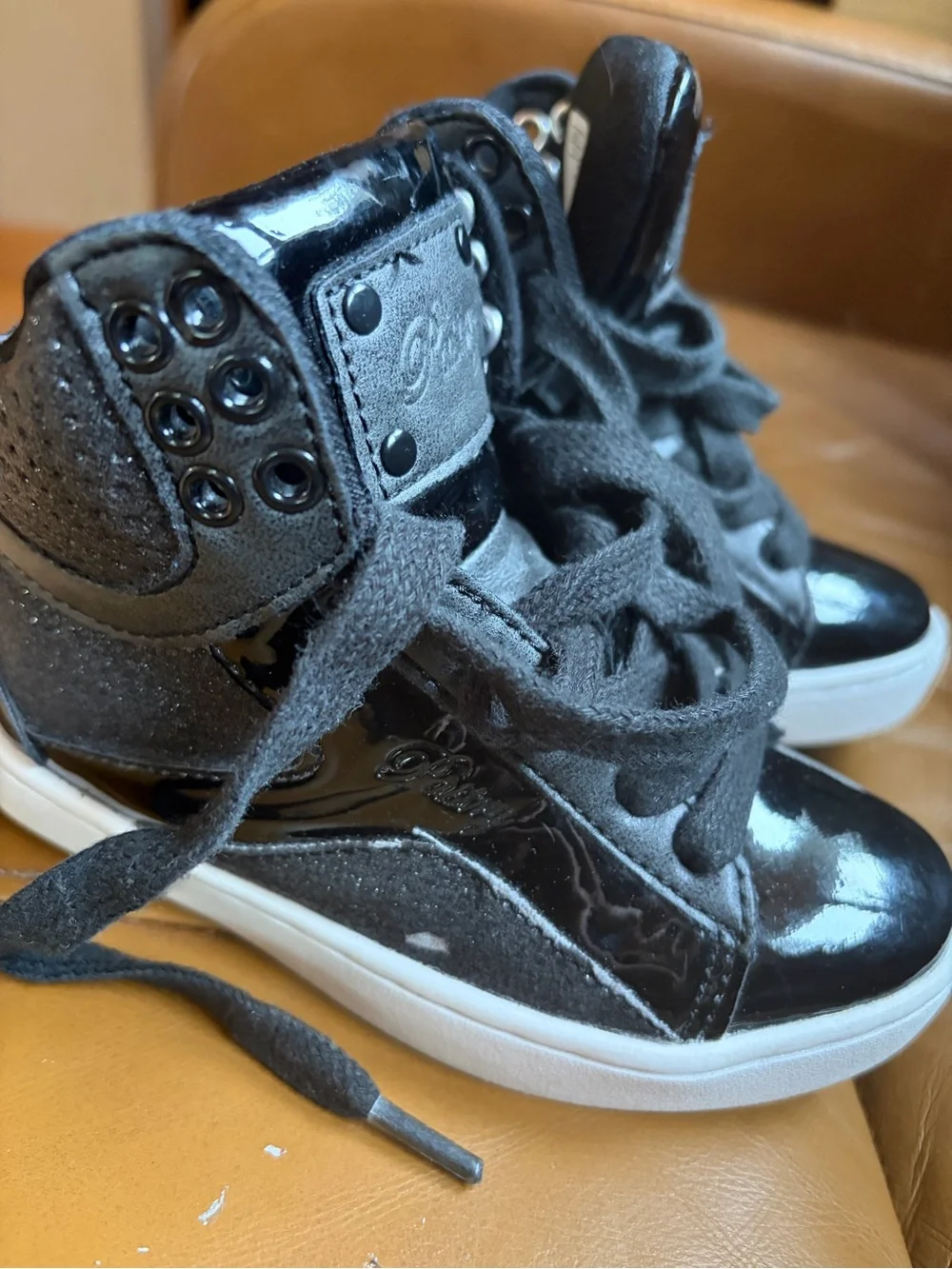 Black High-Top Kids Sneakers with Glossy Toe and White Sole